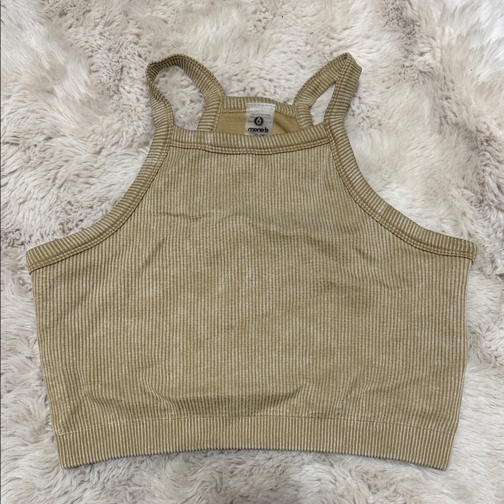Mono B Ribbed High-Neck Cropped Tank - Tan